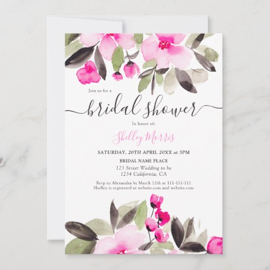 ガーデンかわいらしピンクフローラ水彩ブライダルシャワー 招待状 (正面)