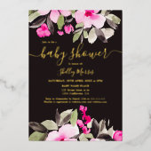 ガーデンかわいらしピンクフローラ水色ベビーシャワー 箔招待状 (正面)