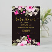 ガーデンかわいらしピンクフローラ水色ベビーシャワー 箔招待状 (立ち正面)