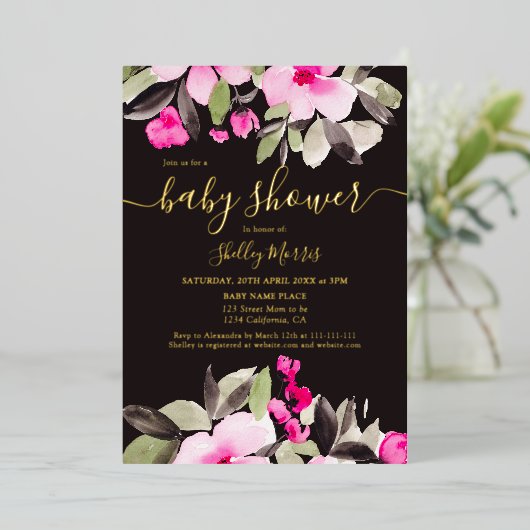 ガーデンかわいらしピンクフローラ水色ベビーシャワー 箔招待状 (立ち正面)