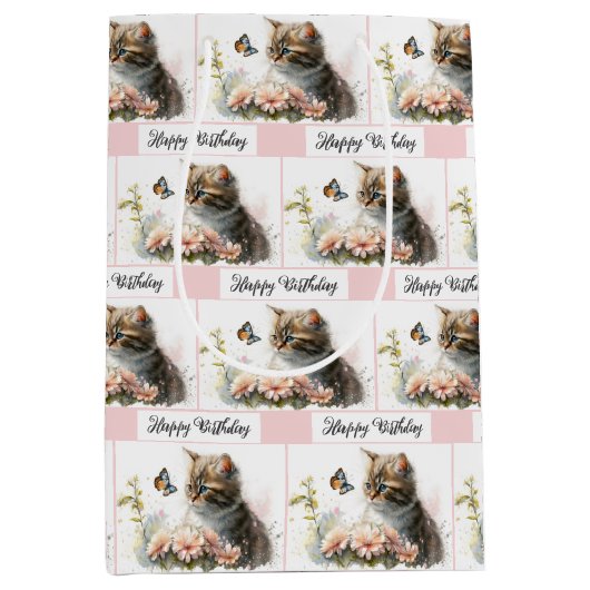 ガーデンの子猫ちゃんお誕生日おめでとう ミディアムペーパーバッグ (正面)