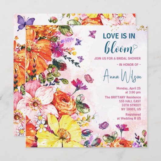 ガーデンの愛は開花野花のブライダルシャワー 招待状 (正面/裏面)