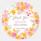 ガーデンイエロー ピンク フラワール 水彩 結婚前お披露目パーティー ラウンドシール (正面)