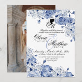 ガーデンウェディング フラワー エレガント ブルー ローズ フォト 招待状 (正面/裏面)