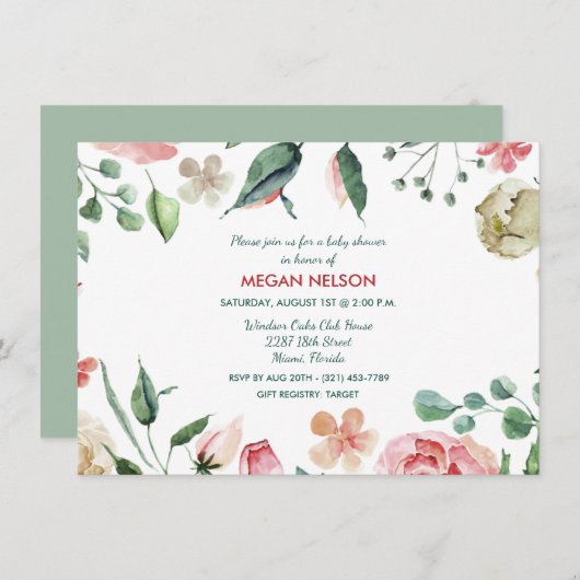 ガーデンウォータカラーフローラベビーシャワー招待状 招待状 (正面/裏面)