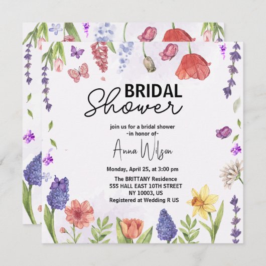 ガーデンウォーターカラーフローラ野花ブライダルシャワー 招待状 (正面/裏面)