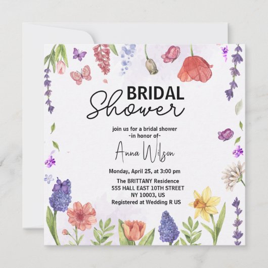 ガーデンウォーターカラーフローラ野花ブライダルシャワー 招待状 (正面)