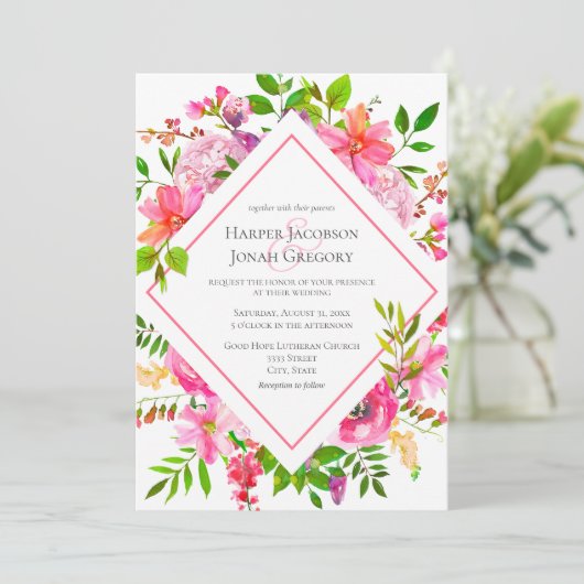 ガーデンエレガントウォーターカラーピンクフローラエアー結婚ズ 招待状 (スタンド正面)