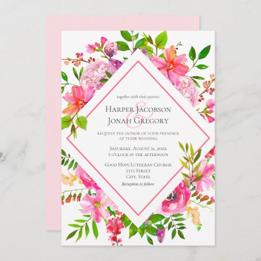 ガーデンエレガントウォーターカラーピンクフローラエアー結婚ズ 招待状 (正面/裏面)