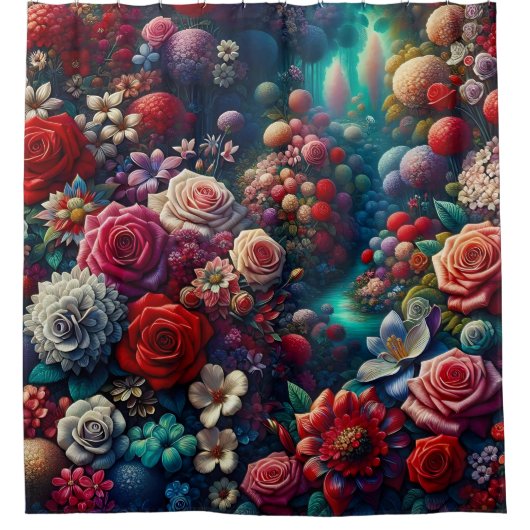 ガーデンエレガントストリーム – 鮮やかフローラ・アート シャワーカーテン (正面)