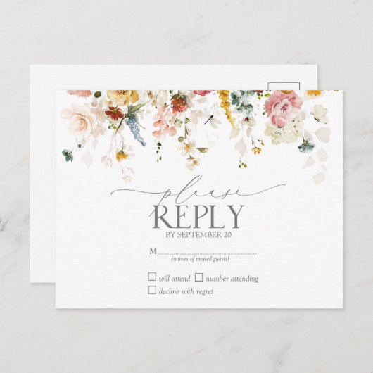 ガーデンエレガントフラワーウォータカラーフローラRSVP インビテーションポストカード (正面/裏面)