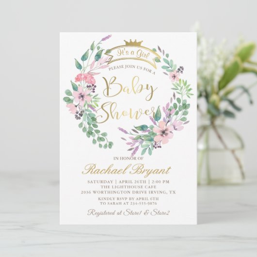 ガーデンエレガントフラワーズクラウン女の子ベビーシャワー 招待状 (スタンド正面)