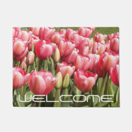 ガーデンオブピンクチューリップフローラへようこそ ドアマット