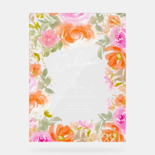 ガーデンオレンジ色の野花へようこそ卒業 アクリルサイン (正面)