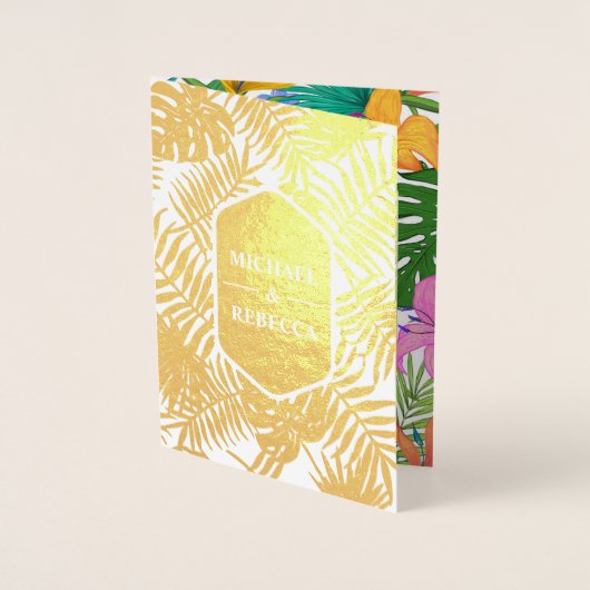 ガーデンカラフルゴールドフォイルトロピカルウェディング招待 箔カード (正面)