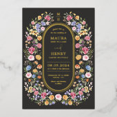 ガーデンカラフルフラワーウェディングパーティー 箔招待状 (正面)