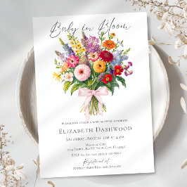 ガーデンカラフルフラワーピンク弓ガールベビーシャワー 招待状