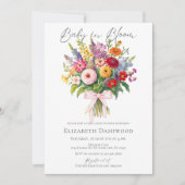 ガーデンカラフルフラワーピンク弓ガールベビーシャワー 招待状 (正面)