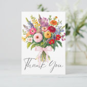 ガーデンカラフルフラワーブーケピンクボウスクリプト サンキューカード (スタンド正面)