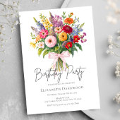ガーデンカラフルフラワーブーケピンクボウ誕生日 招待状