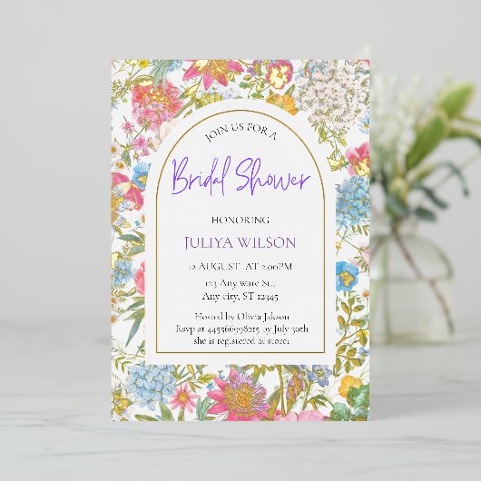 ガーデンガーリーフラワーブライダルシャワー 箔招待状 (立ち正面)