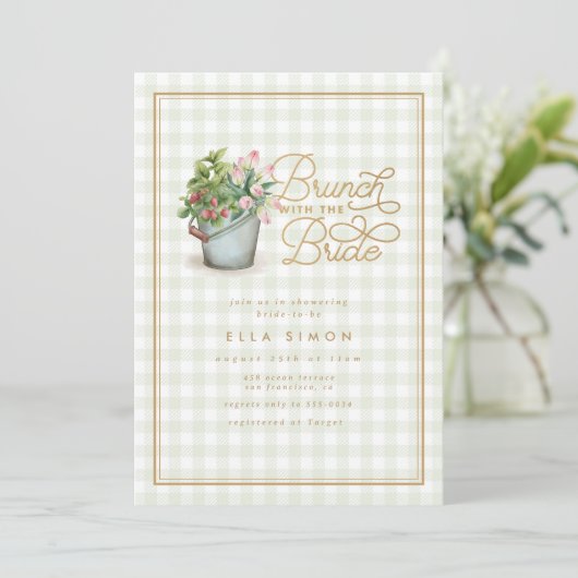 ガーデンギンガムセージ金ゴールドブライダルシャワーブランチ 招待状 (スタンド正面)