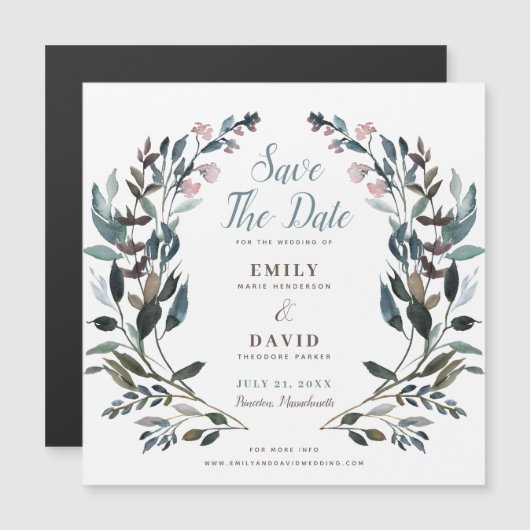 ガーデンクレスト |ホワイトブルーの結婚式の日付を保存 マグネット招待状 (正面/裏面)