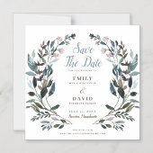 ガーデンクレスト |ホワイトブルーの結婚式の日付を保存 マグネット招待状 (正面)