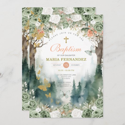 ガーデングリーナリーフラワーズバプテスマ招待状 招待状 (正面/裏面)