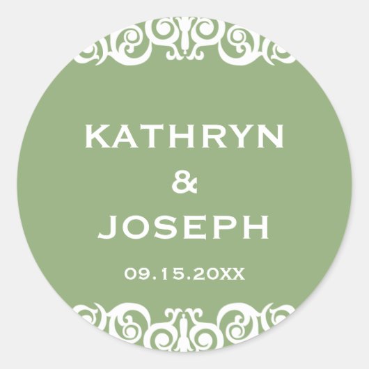 ガーデングリーンビクトリアンスクロール結婚式の引き出物ラベル ラウンドシール (正面)