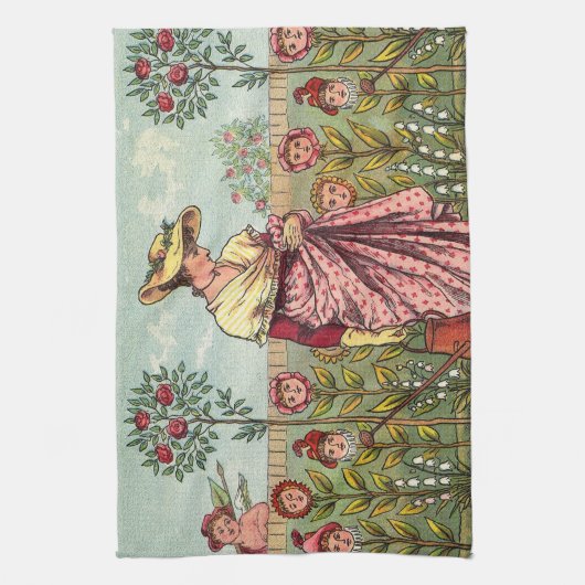 ガーデングローフラワーウーマンアートアンティーク キッチンタオル (縦)