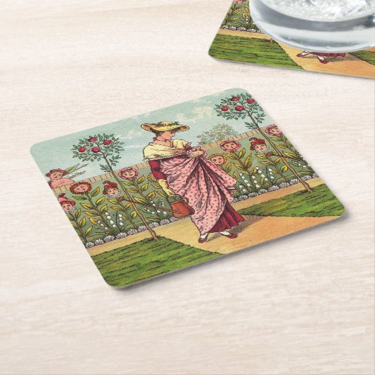 ガーデングローフラワーウーマンアートアンティーク スクエアペーパーコースター (アングル)