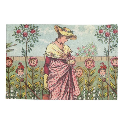 ガーデングローフラワーウーマンアートアンティーク 枕カバー (裏面)