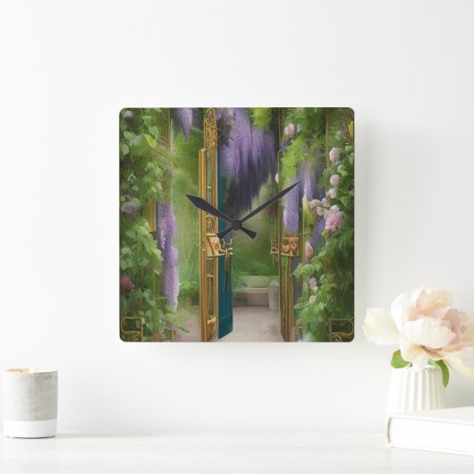 ガーデンゲートと藤 スクエア壁時計 (ホーム)