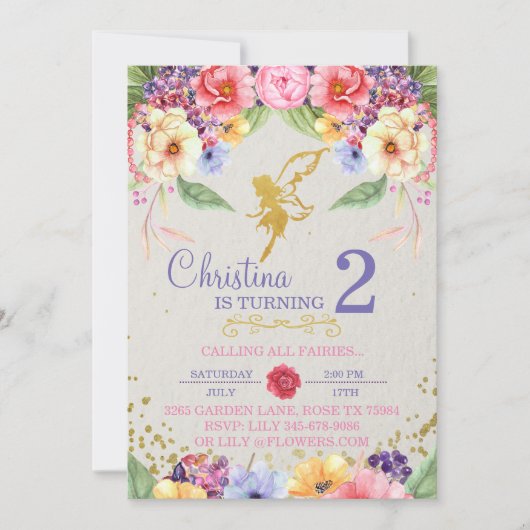 ガーデンゴールデンフェアリー誕生日またはシャワー招待状 招待状 (正面)