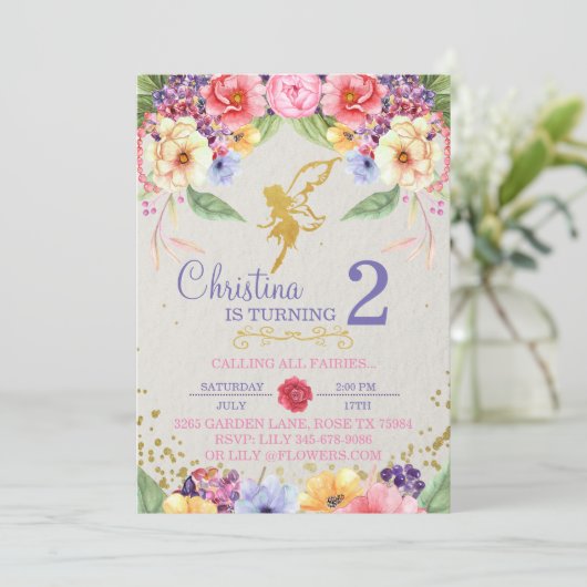 ガーデンゴールデンフェアリー誕生日またはシャワー招待状 招待状 (スタンド正面)