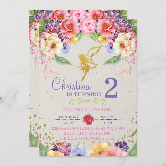 ガーデンゴールデンフェアリー誕生日またはシャワー招待状 招待状 (正面/裏面)
