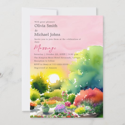 ガーデンサンライズウォーターカラフルカラーフローラ結婚ズ 招待状 (正面)
