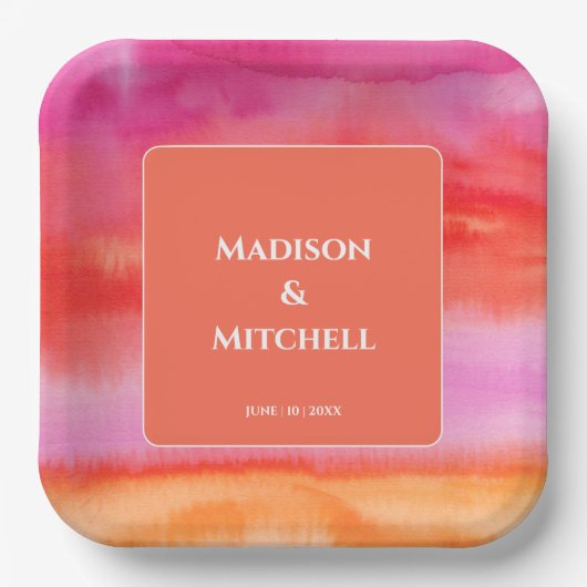 ガーデンサンライズピンクオレンジウォーター結婚カラー ペーパープレート (正面)