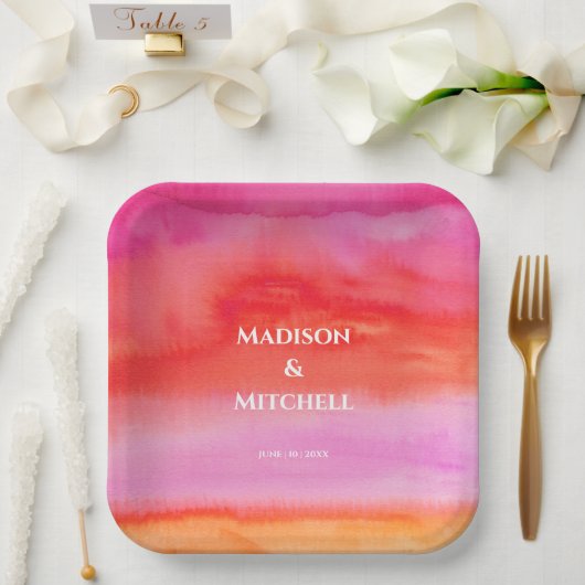 ガーデンサンライズピンクオレンジウォーター結婚カラー ペーパープレート (ウェディング)