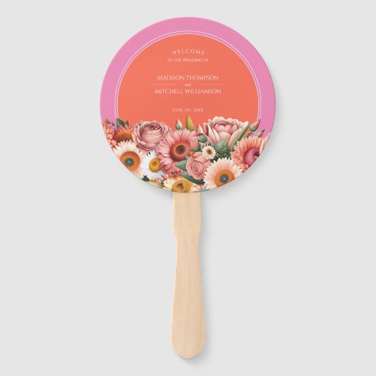 ガーデンサンライズピンクオレンジモダンフローラ結婚ズ ハンドファン (正面)
