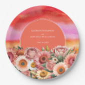 ガーデンサンライズピンクオレンジモダンフローラ結婚ズ ペーパープレート (正面)