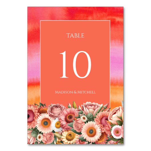 ガーデンサンライズピンクオレンジ色の水彩花 テーブルナンバー (裏面)