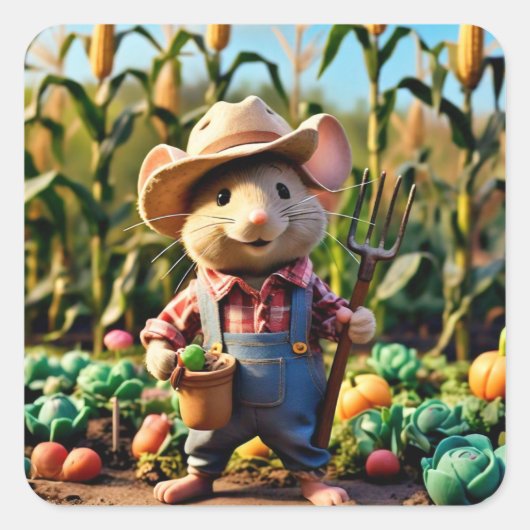 ガーデンステッカーに愛らしいマウス農家 スクエアシール (正面)