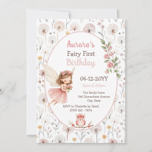 ガーデンタンデリオン水の色フェアリー最初の誕生日 招待状 (正面)