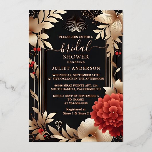 ガーデンダイヤモンドレッドブラックと金ゴールドブライダルシャワー 箔招待状 (正面)