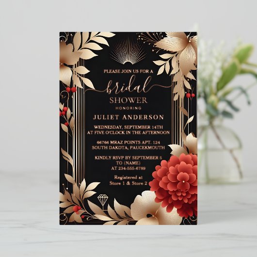 ガーデンダイヤモンドレッドブラックと金ゴールドブライダルシャワー 箔招待状 (立ち正面)