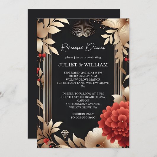 ガーデンダイヤモンドレッドブラックと金ゴールドリハーサルディナー 招待状 (正面/裏面)