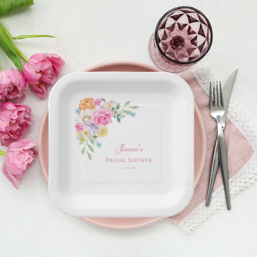 ガーデンティーパーティーウォーターカラーフローラブライダルシャワー ペーパープレート