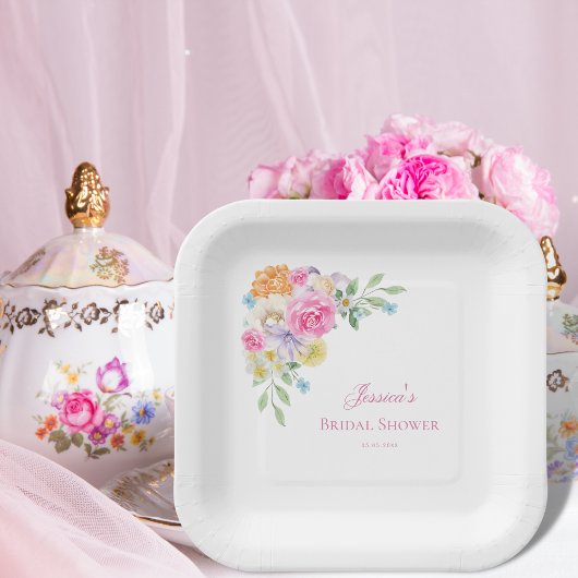 ガーデンティーパーティーウォーターカラーフローラブライダルシャワー ペーパープレート